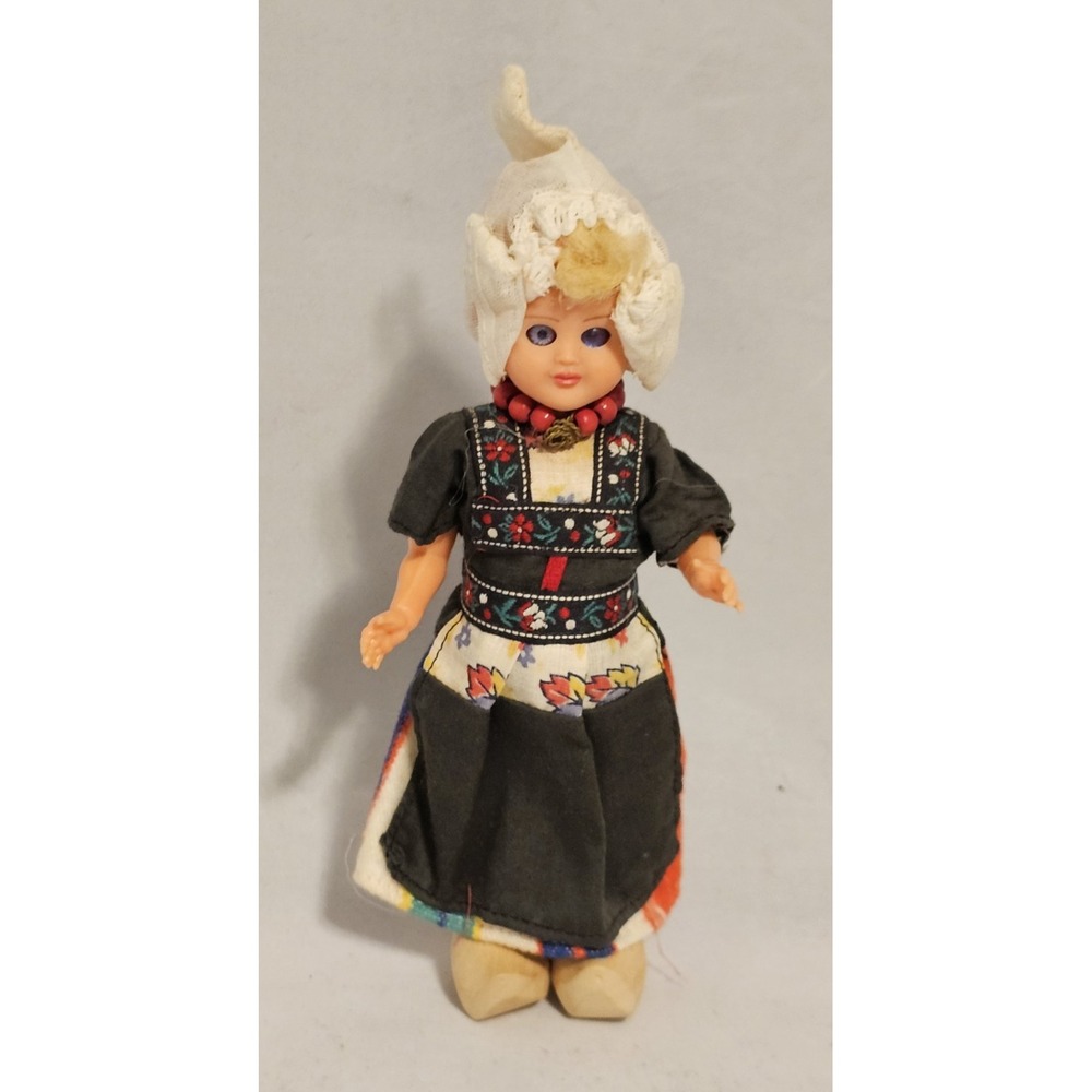 Vintage Dutch Girl Souvenir Doll Hard Plastic Sleeping Eyes Wooden Shoes Clog 7"
